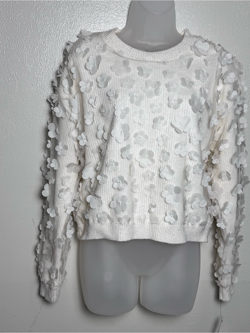 BCX Cream Crewneck Sweater with 3D Floral Appliqués - Picture 3 of 8